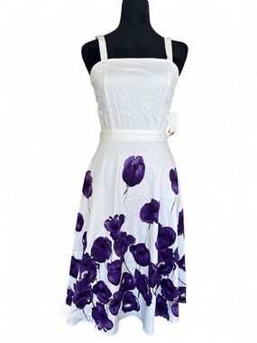 NWT A.P.N.Y. Purple Floral Print Midi Sundress – White Cotton – Size 4